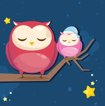 Owls sleeping in branch Stock Illustration