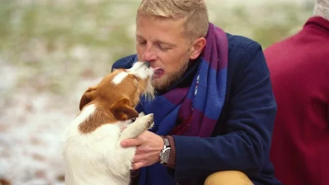 Owner with a dog for a walk Stock Footage 147916766