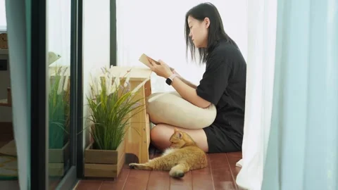 Owner during read book and take coffee break and play with cat in livingroom Stock Footage 270131246