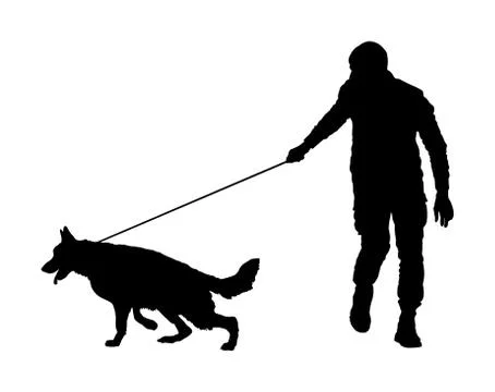 Owner keeps dog on leash vector silhouette German Shepherd 스톡 일러스트