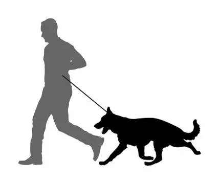 Owner keeps dog on leash vector silhouette German Shepherd 스톡 일러스트