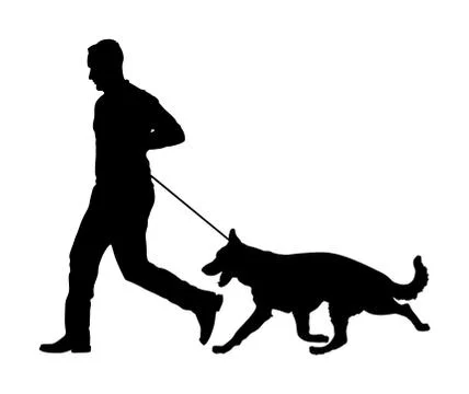 Owner keeps dog on leash vector silhouette German Shepherd 스톡 일러스트