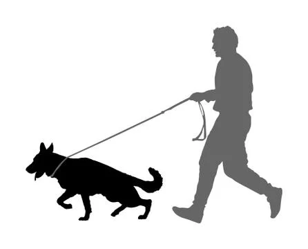 Owner keeps dog on leash vector silhouette German Shepherd 스톡 일러스트