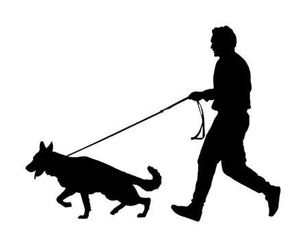 Owner keeps dog on leash vector silhouette German Shepherd 스톡 일러스트