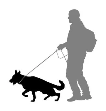 Owner keeps dog on leash vector silhouette German Shepherd 스톡 일러스트