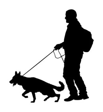 Owner keeps dog on leash vector silhouette German Shepherd Stock Illustration
