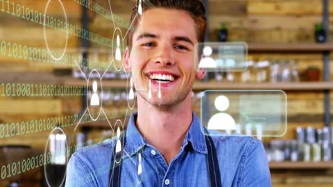 Owner smiling as camera pulling back moving nodes layering across chest, shelves Vídeos de archivo 332900174