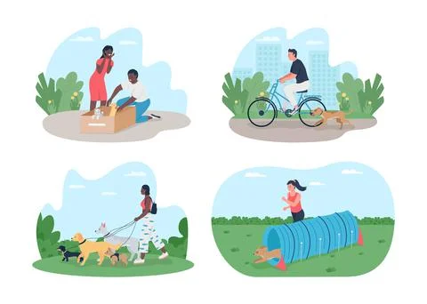 Owners caring for pets 2D vector web banner, poster set Stock Illustration