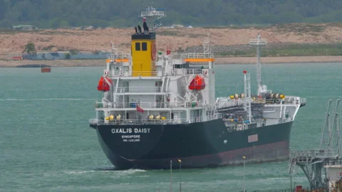 Oxalis Daisy tanker ship navigating Singapore waters Stock Footage 342346736