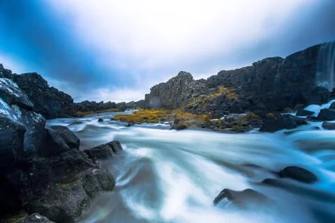 Oxararfoss Looking Downstream Stock Photos