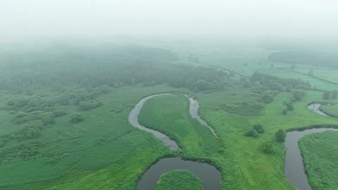 Oxbow Lake Meander – High Sideways Right Wide Aerial Establishing Flight Stock Footage 336490867