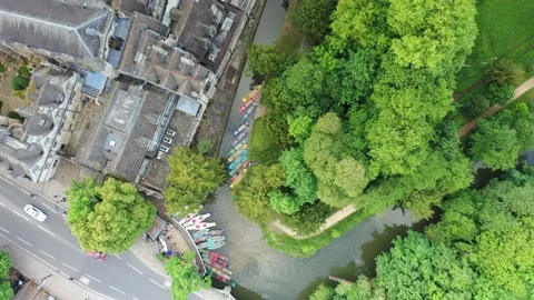 Oxford 4k top down over punts at Magdalen Bridge Stock Footage 196197823