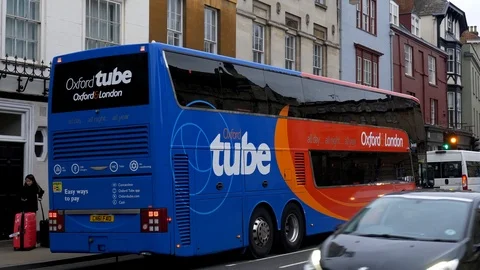 Oxford Tube Bus Shuttle between Oxford and London - OXFORD, ENGLAND - JANUARY 3 Stock Footage 124671969