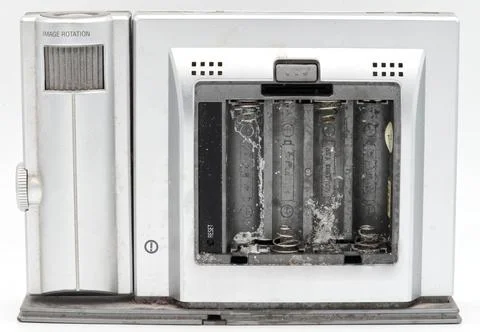 Oxide corrosion inside the battery compartment of an electronic device Stock-Fotos