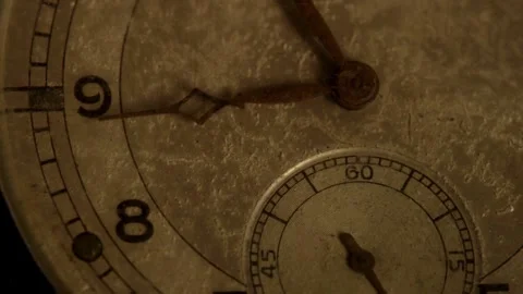 Oxidized hands move across an old textured watch dial Stock Footage 329597962