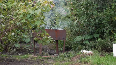 Oxidized metal with ash. Rusted metallic surface emits smoke with greenery Stock Footage 345176850