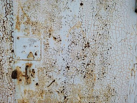 Oxidized rough texture, brown rust with peeling blue paint. Rusty metal surfa Stock Photos
