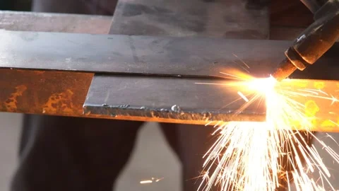 Oxy-Fuel Cutting Process on Thick Steel Plate Stock Footage 339240431