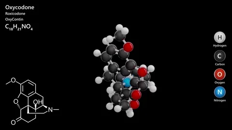 Oxycodone. Drug. 3D model of a molecule. C18H21NO4. Black background. 3D render 스톡 동영상 293489442