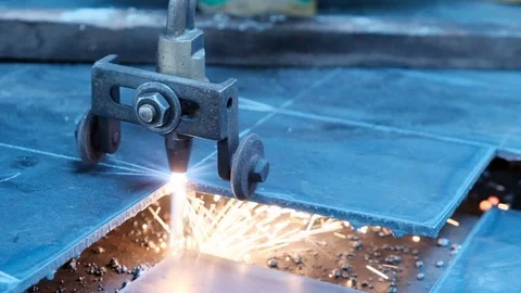Oxycut with blue flame on a steel sheet. Close up Stock Footage 101636039