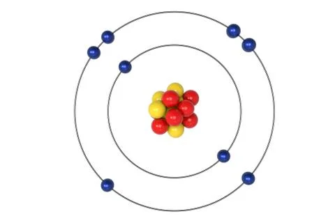 Oxygen Atom Bohr model with proton, neutron and electron. 3d illustration Stock Illustration
