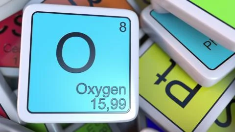 Oxygen block on the pile of periodic table of the chemical elements blocks Stock Illustration