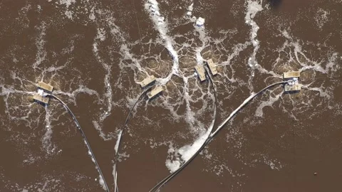 Oxygen installations in a fish pond Stock Footage 233788909