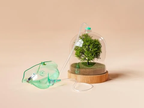 Oxygen mask connected to green tree Stock Illustration
