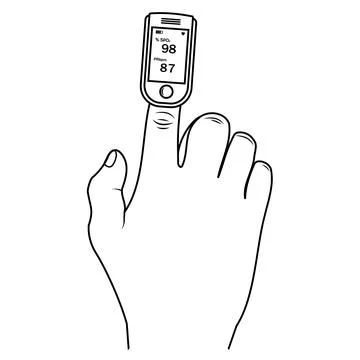 Oxygen measuring device on the finger, black contour vector isolated illustra Stock Illustration