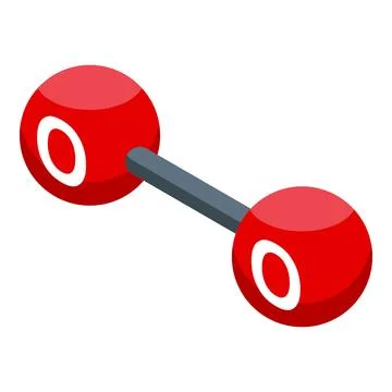 Oxygen molecule structure, with red atoms and gray bond, representing the che Stock Illustration