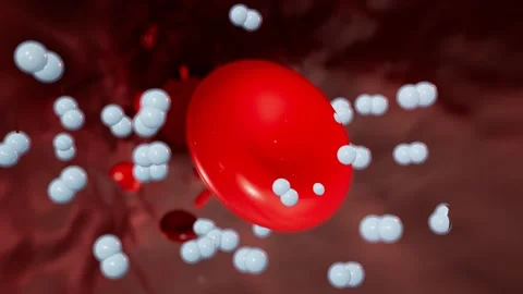 Oxygen molecules binding hemoglobin red blood cell loop Stock Footage 343189312
