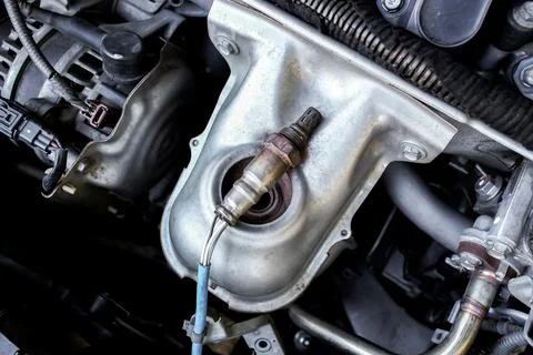 Oxygen sensor or O2 sensor of car engine on catalytic converter Stock Photos