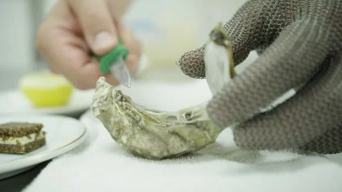 An oyster is carefully cracked open in the kitchen of a fine dining restaurant Stock Footage 328835025