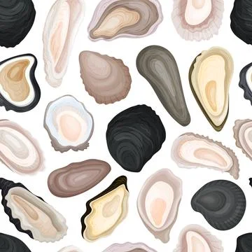Oyster Fresh Seafood Seamless Pattern Design with Sea Delicacy Food Vector イラスト素材