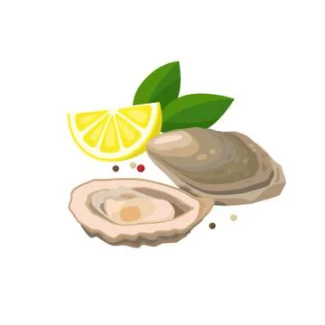 Oyster with lemon vector illustration in flat design isolated on white Stock Illustration