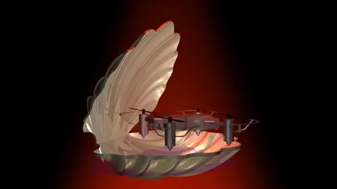 An oyster shell with a drone spinning inside it Stock Footage 348494503
