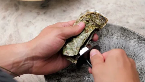The oyster shell is opened with a knife. light background. hands - close-up Vidéo 164287400