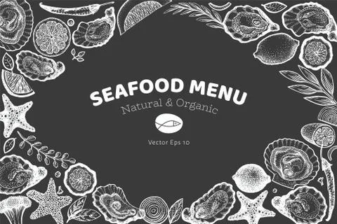 Oysters and spices design template. Hand drawn vector illustration on chalk b Stock Illustration