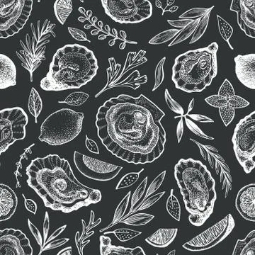 Oysters and spices seamless pattern. Hand drawn vector illustration on chalk  Illustrazione stock