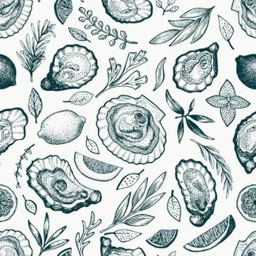 Oysters and spices seamless pattern. Hand drawn vector illustration. Seafood  Stock Illustration