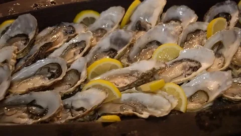 Oysters on ice with lemon close-up. Stock Footage 112187028
