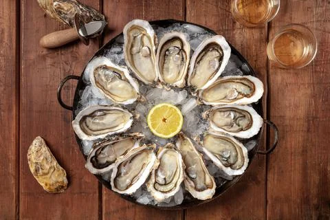 Oysters, overhead flat lay shot with lemon and wine Stock Photos