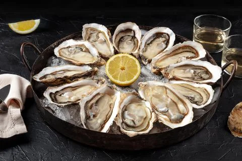 Oysters on a platter. A dozen of fresh oysters with lemon Stock Photos