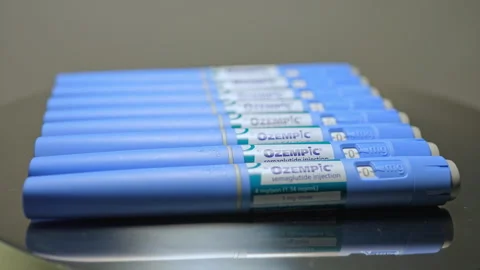 Ozempic Injection pen macro close up display. Ozempic drug medication for D.. Stock Footage 320086011
