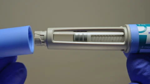 Ozempic Injection pen macro close up display. Ozempic drug medication for D.. Stock Footage 320086563