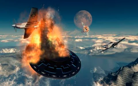 P-51 Mustangs attacking a flying saucer. Illustration