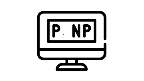 P vs NP unsolved problem in computer science black icon animation Stock Footage 156649391