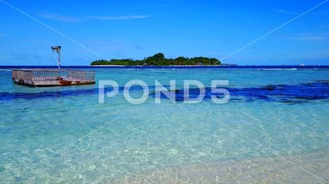 P02268 Aerial flying drone view of Maldives white sandy beach on sunny tropical Stock Photos