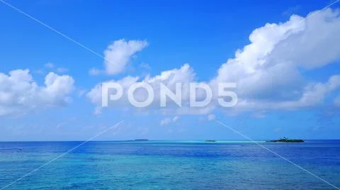 P02368 Aerial flying drone view of Maldives white sandy beach on sunny tropical Stock Photos