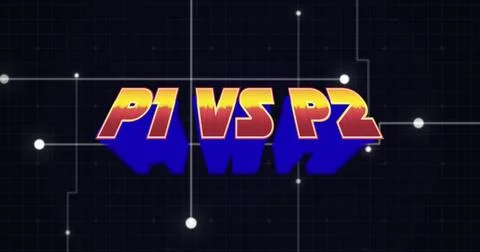 P1 vs p2 text banner with shadow effect against network of connections on blue Stock Illustration